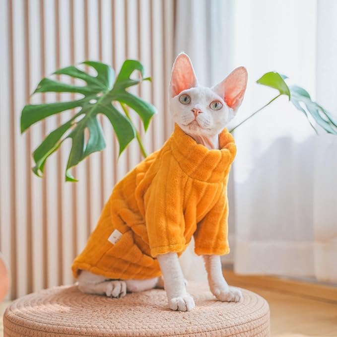 Turtleneck Sweater for Sphynx Cat Soft Coral Fleece Cat Clothes Thick Winter Warm Outfit Coat for Hairless Cats and Small Dogs Apparel with Sleeves (Orange, L (7-8.5 lbs))