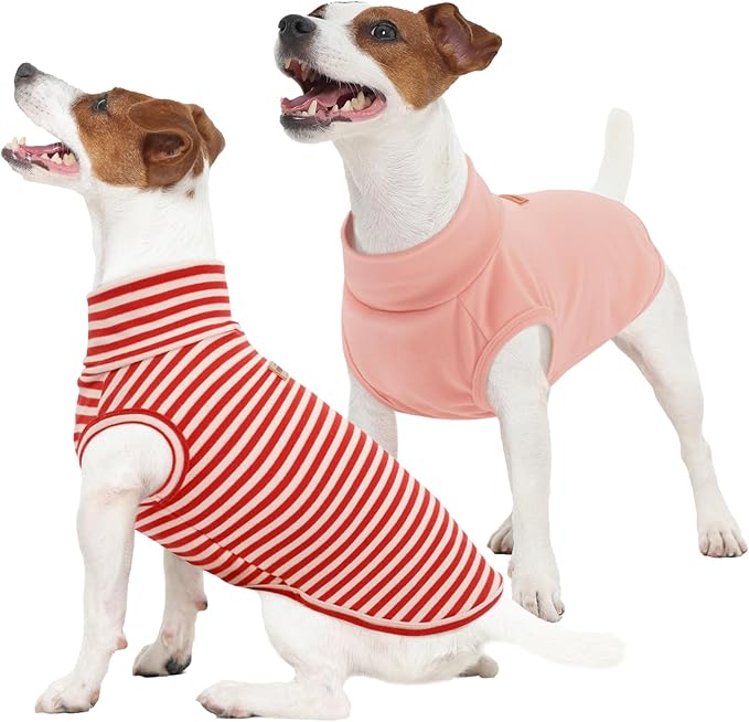 FUAMEY 2 Pack Dog Fleece Vest for Extra Small Dogs,Puppy Stretchy Dog Sweatshirts Warm Dogs Pullover Winter Pet Sweaters with Leash Hole Puppy Turtleneck Sleeveless Pink Stripes XXS