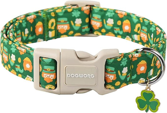 DOGWONG Green Dog Collar- Cute Trefoil Flower Dog Collars Adjustable St. Patrick's Day Puppy Clover Dog Collar for Small Medium Large Dogs L