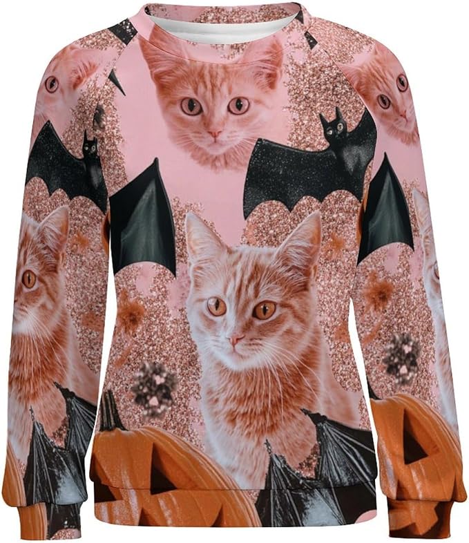 Halloween Sweatshirts for Women Black Cat Print Pullover Crewneck Oversized 2024 Fall Fashion Casual Warm Shirt