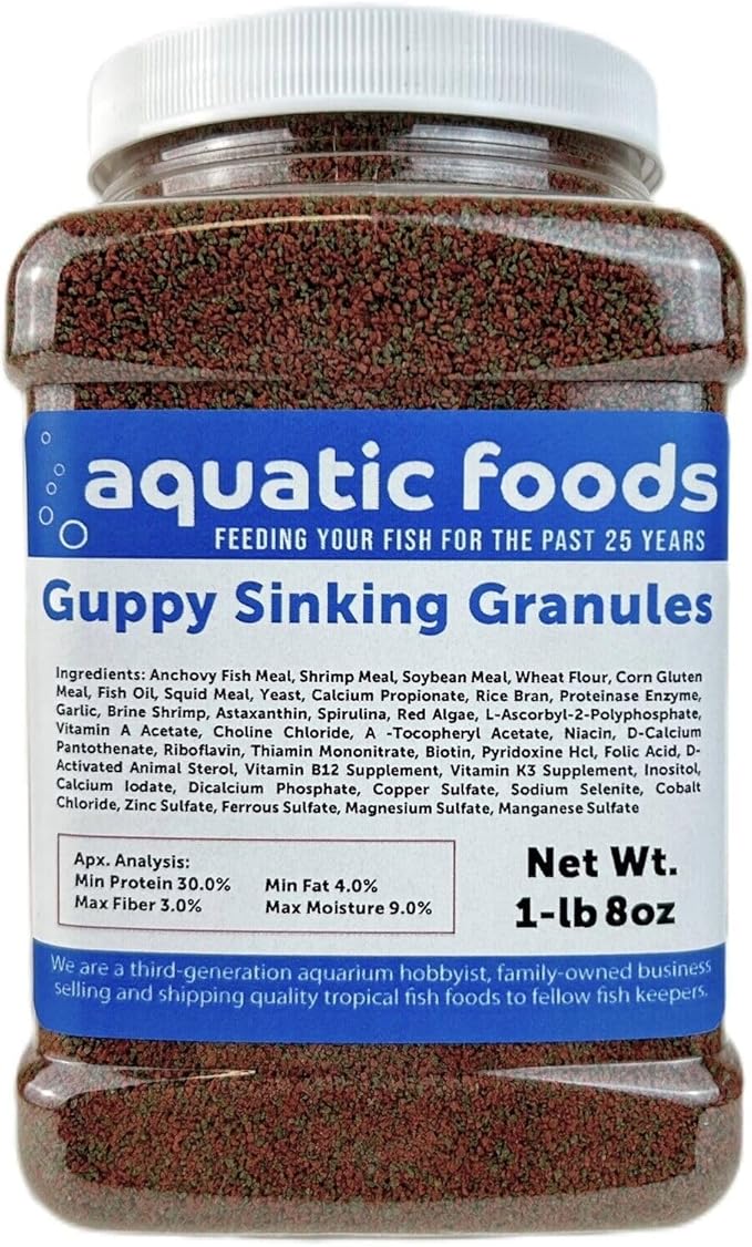 Aquatic Foods Inc. Guppy Micro Sinking Granules, Color Enhancing and Spirulina Mix for Guppies, Tetras, All Live Bearers, Baby Cichlids...WL 1-lb 8oz Med Jar