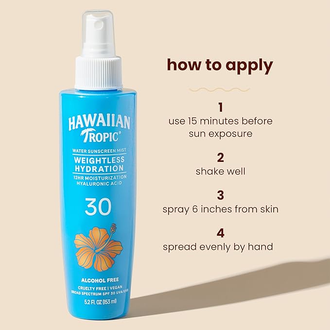 Hawaiian Tropic Weightless Hydration Water Mist for Body SPF 30, 5.2Fl Oz | Hawaiian Tropic Body Spray Sunscreen Mist, Water Based SPF 30, Non-Aerosol Sunscreen Spray, 5.2Fl Oz