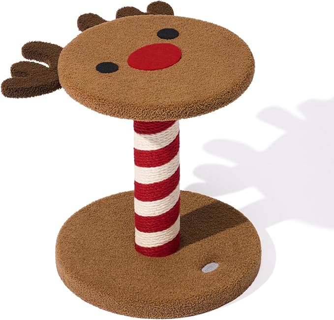 VETRESKA 18.1" Reindeer Cat Scratching Post, Two-Layer Soft Plush Platforms, Space-Saving Kitten Christmas Cat Scratch & Rest Furniture, Holiday Decoration