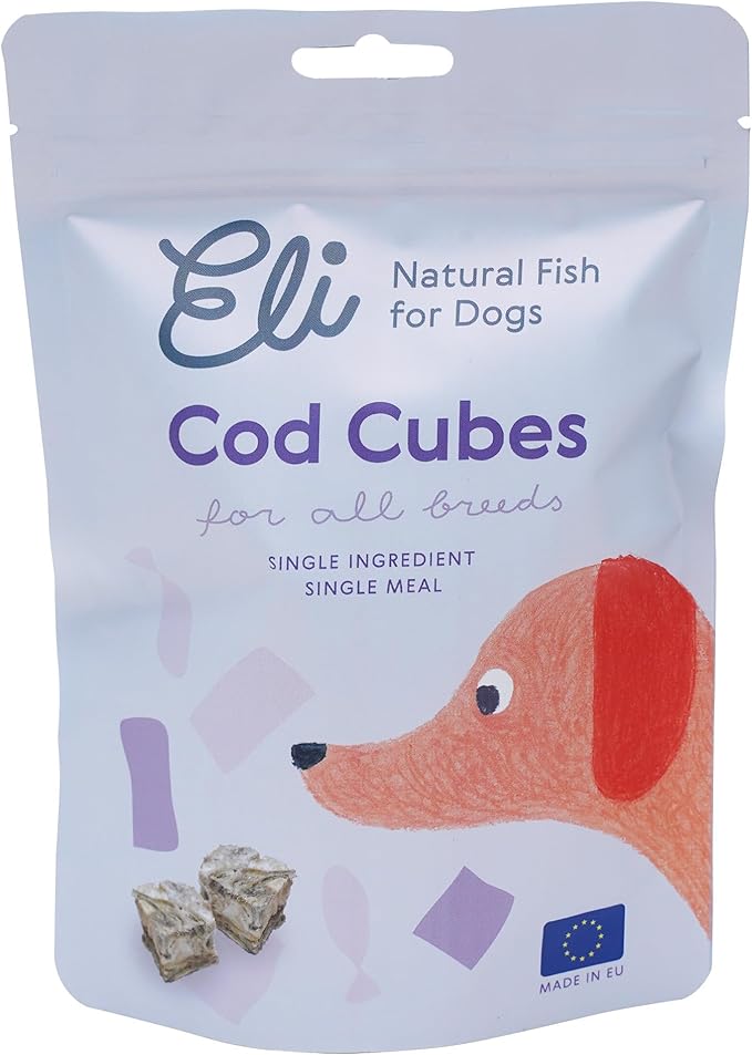 Eli Cod Skin Cubes – A Natural, Bite-Sized Fish Treat for Dogs, High in Protein and Omega-3, Ideal for Quick Rewards or Meal Toppers, Single Ingredient, Grain Free, Gluten Free, Air Dried – 3 oz