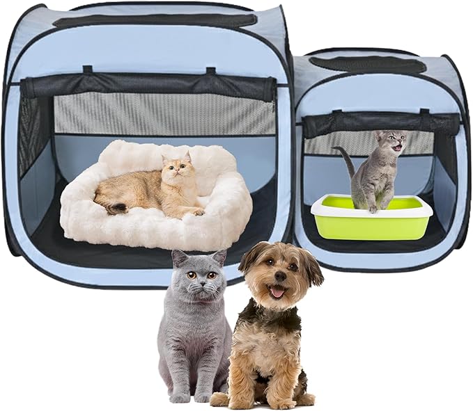 EighteenTek® 2-in-1 Portable Cat Playpen, Pop up Large Kitten Playpen, No Assembly Need, Pet Cat Dog Tent Crates Kennel Cage, Cats Enclosure for Dog and Puppy Indoor Outdoor(No Divider, Unified Space)