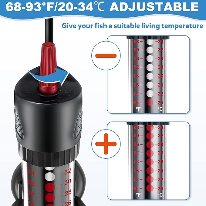 Dreyoo 2 Set Submersible Aquarium Heater, 100W/300W Adjustable Aquarium Fish Tank Heater with 4 Thermometers Stickers and Suckers, Adjustable Knob Thermostat for Marine Saltwater and Freshwater(300W)