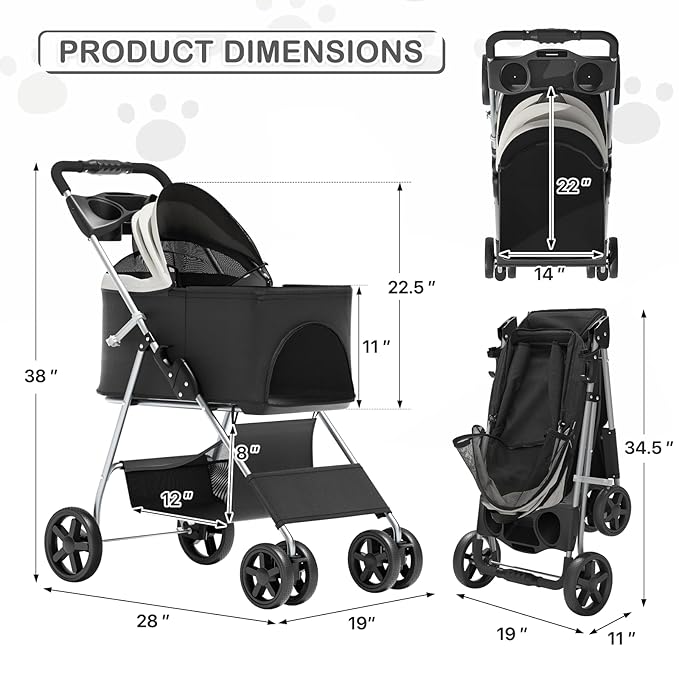MoNiBloom 3 in 1 Foldable Pet Stroller for Small & Medium Dogs, Detachable Carrier, Car Seat, Push Button Entry, 4-Wheel Jogger for Pets up to 33 lbs, Black
