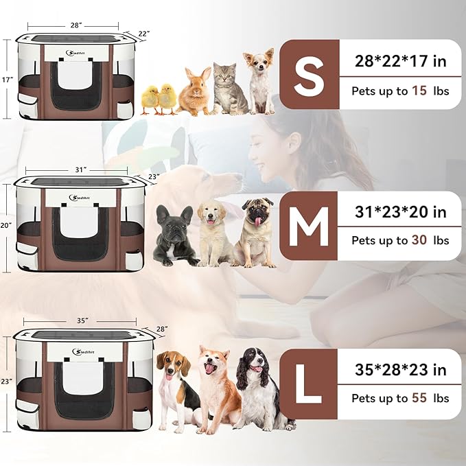 Dog Cat Playpent Puppy Portable Playpens for Outdoor Travel Crate, Indoor After Surgery Use, Foldable Dog Kennel Tent for Rabbit or Small Animals and Tent Stakes(Brown, Medium)