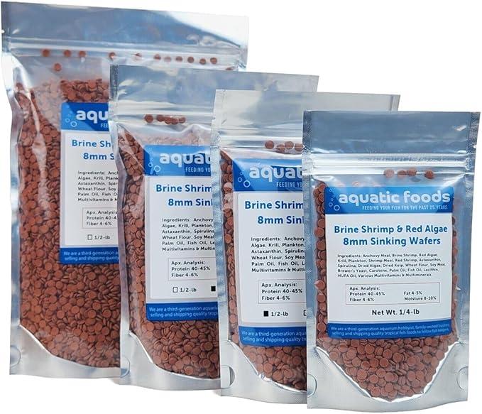 Aquatic Foods Inc. 8mm - 1/3" Brine Shrimp & Red Algae Color Enhancing Sinking Wafers for Shrimp, Snails, Crabs, Plecos, Catfish. Bottom and All Tropical Fish...WL…1/4-lb Foil Pouch Bag