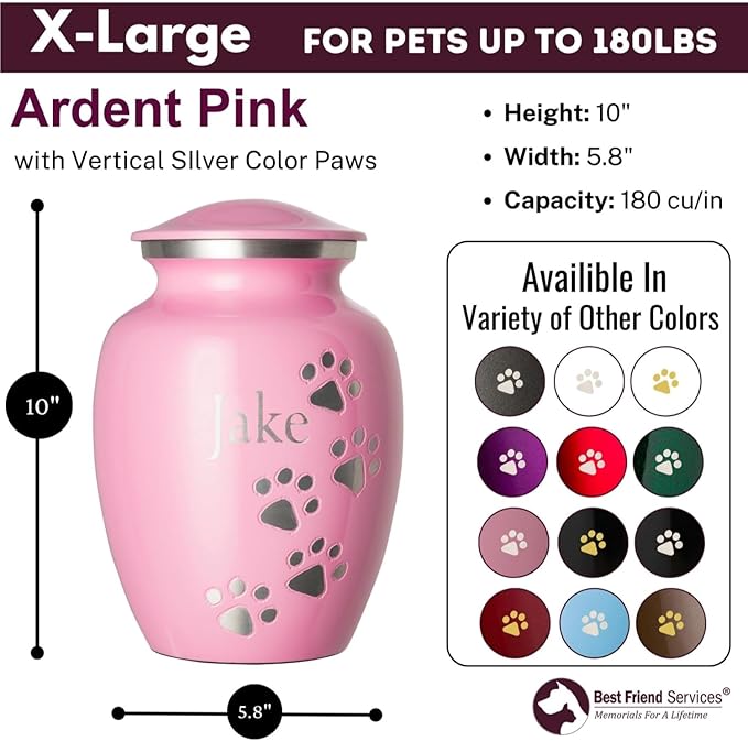 Pet Urn for Dogs and Cats with Personalized Laser Engraving, Ottillie Paws Premier Series Memorial Urns (X-Large Ardent Pink with Vertical Pewter Paws)