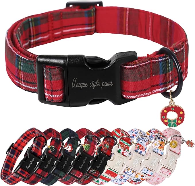 Unique Style Paws Christmas Dog Collar Plastic Buckle with Pendant Red Plaid Cotton Puppy Collars for Small Medium Large Dogs