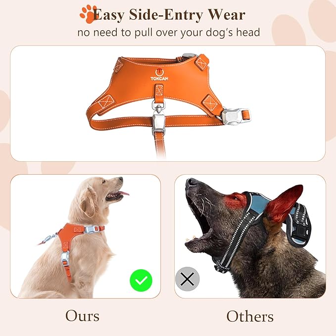 Magnetic Quick-Release Buckle Dog Harness and Leash Set, Easy Walk Faux Leather Puppy Harness and Leash, Easy On & Off Dog Vest for Small, Medium, Large Girl Boy Dogs for Training, Orange,L