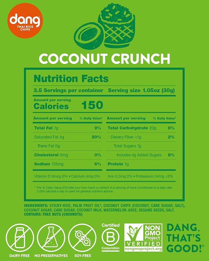 Dang Thai Rice Chips | Coconut Crunch | 4 Pack | Vegan, Gluten Free, Non Gmo Rice Crisps, Healthy Snacks Made with Whole Foods | 3.5 Oz Resealable Bags