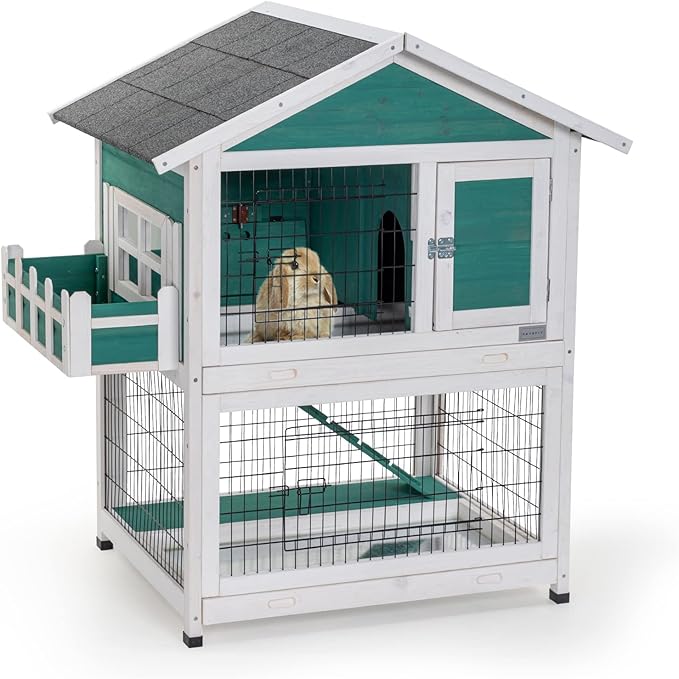 Petsfit 2 Story Rabbit Hutch with Trays Outdoor Weatherproof, Bunny Cage with Openable Roof