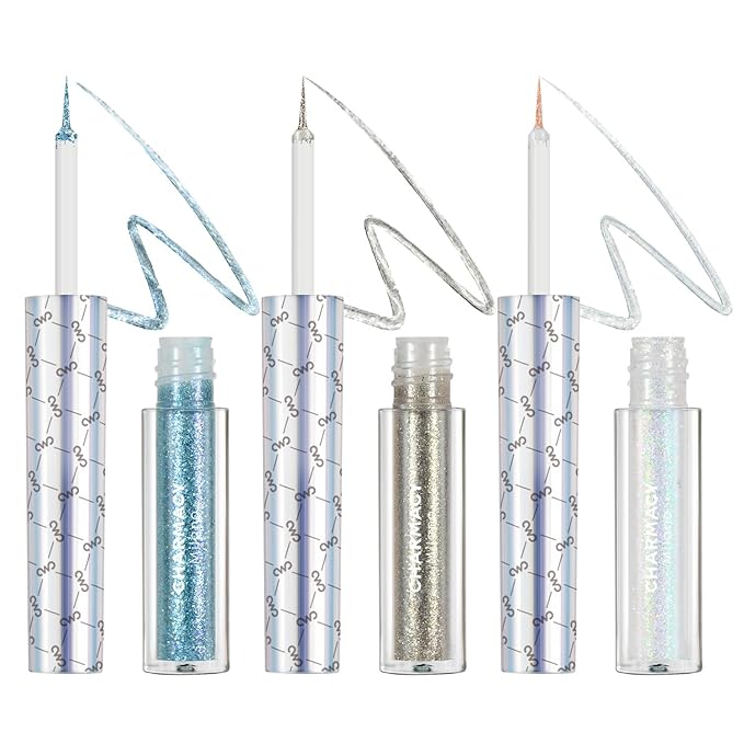 CHARMACY 3Pcs Liquid Glitter Eyeliner Set, Metallic Shimmer Glitter Eyeshadow, Lightweight Waterproof Texture, Long Wearing, Quick Drying, Colorful Sequins (Indigo Gold White Green)