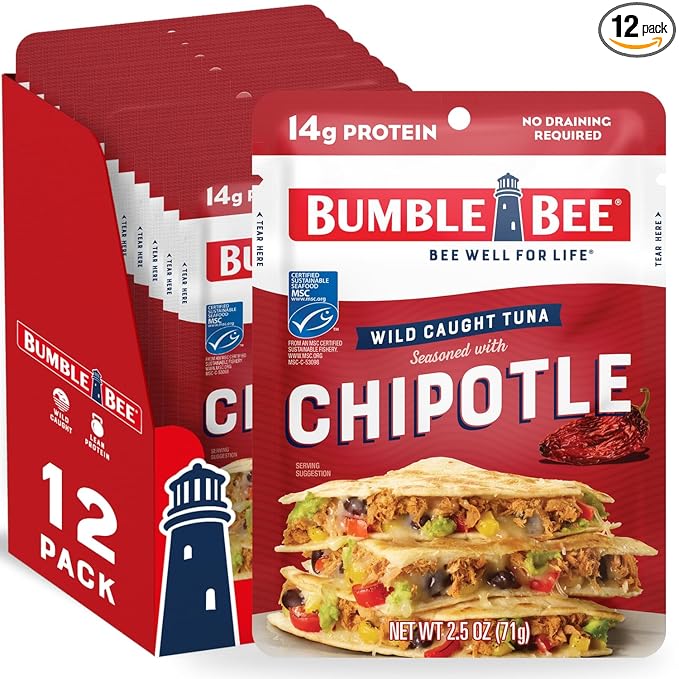 Bumble Bee Chipotle Seasoned Tuna, 2.5 oz Pouches (Pack of 12) - Ready to Eat - Wild Caught Tuna Packet - 14g Protein per Serving - Gluten Free