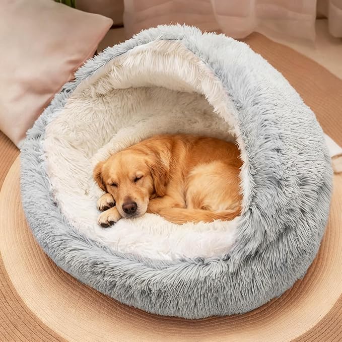 ShinHye Round Plush Fluffy Hooded Cat Bed Cave, Cozy for Indoor Cats or Small Dogs, Waterproof Bottom, Washable（30 in）