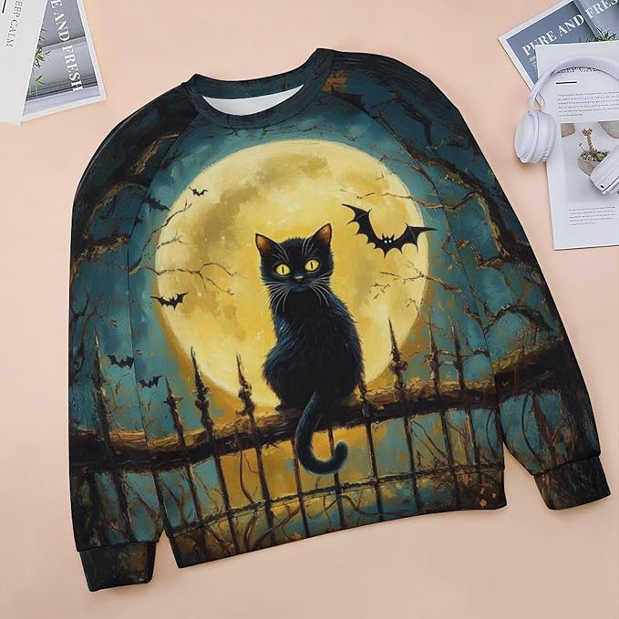 Halloween Sweatshirts for Women Black Cat Print Pullover Crewneck Oversized 2024 Fall Fashion Casual Warm Shirt