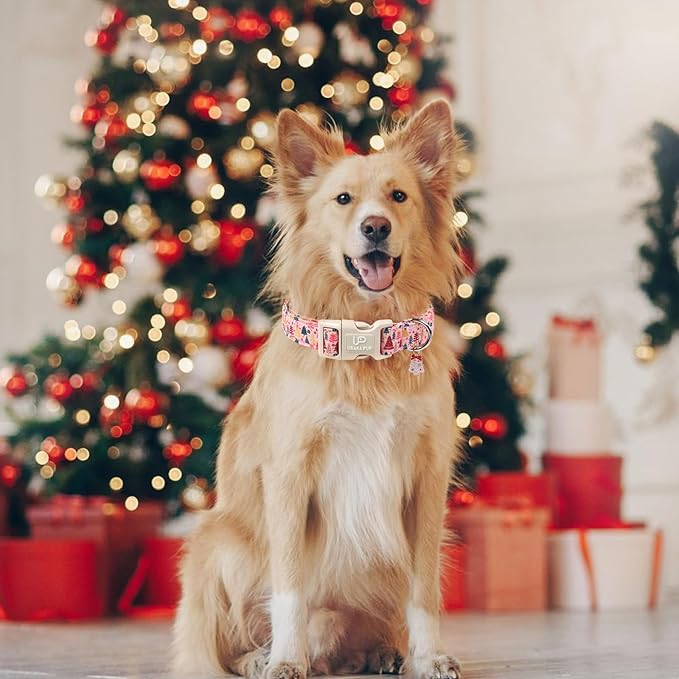 Christmas Dog Collar, Pink Christmas Tree for Dogs, Adjustable Pet Collar with Cute Xmas Tree Pendant, Festive Winter Dog Accessories for Small Medium Large Dogs XL