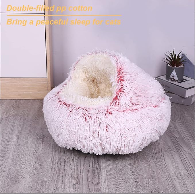 Anti-Anxiety Cat Bed, Plush Hooded Cave, 20 in Diameter, Suitable for Small to Medium Pets, Pink