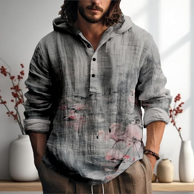 MARSVOVO Japanese Art Animal Hooded Shirt for Men Long Sleeve Quarter Button Lightweight Hoodie Cool Streetwear Tops