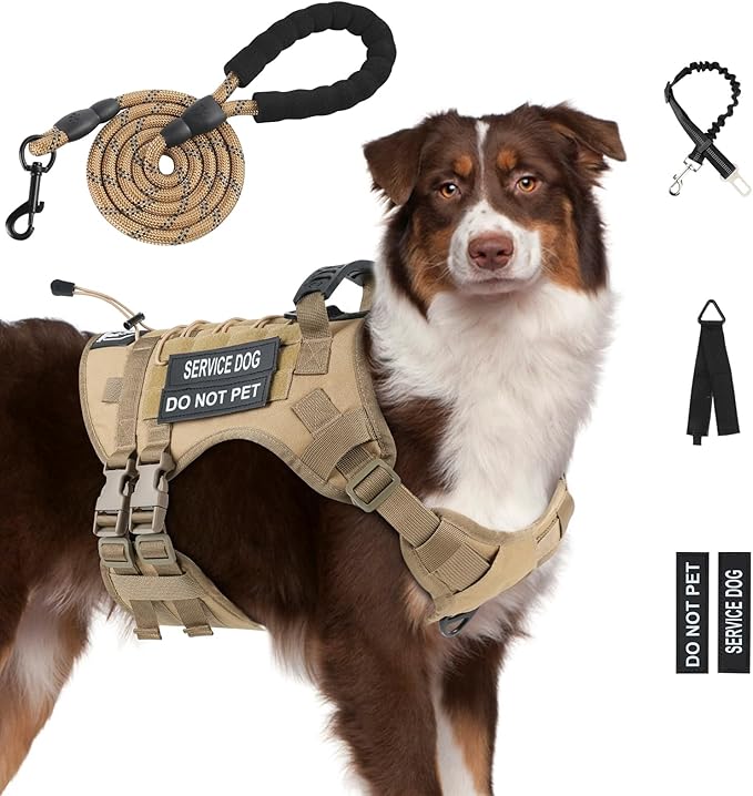 No Pull Tactical Dog Harness for Large Dogs, Escape Proof Molle Dog Vest Harness and Leash Set, Adjustable Military Service Dog Harness with Handle for Medium Large Dogs(Brown, XL)