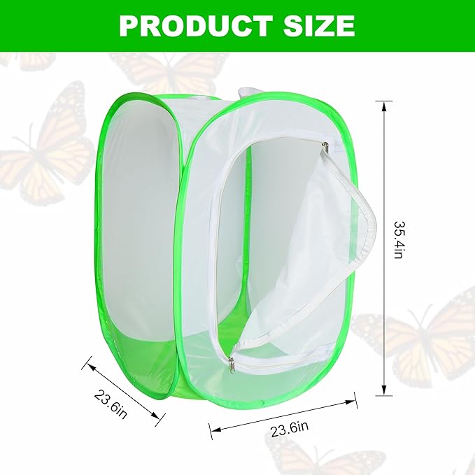 Large Monarch Butterfly Caterpillar Habitat Insect cage pop-up Transparent View with 6 mesh Panels, Foldable and Reusable with a Poop pad for Easy Cleaning (35.4 x 23.6 x 23.6 inches)