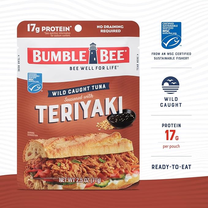 Bumble Bee Teriyaki Seasoned Tuna Pouch - Wild Caught and Ready to Eat for Snack, Salad, Korean Tuna Bowl - 17g Protein per Serving - PERFECT, PORTABLE, GOODNESS - 2.5 oz Packet (Pack of 1)