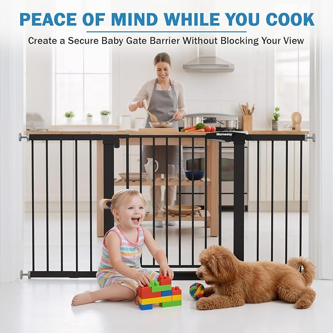 Mumeasy 29.7-57" Extra Wide Baby Gate for Doorways, Auto Close Dog Gate Indoor for Stairs, No-Drill Pressure Mounted Pet Gate with Door, Easy Walk Thru Long&Large Safety Gate for House, Outdoor, Black