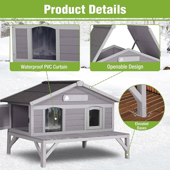 GUTINNEEN Large Outdoor Cat House Insulated Cat House Indestructible Weatherproof Feral Cat Shelter with Waterproof Roof, Escape Door for 1-4 Feral Barn Cats, 43.5" L x31.1 D x31.2 H (Grey)