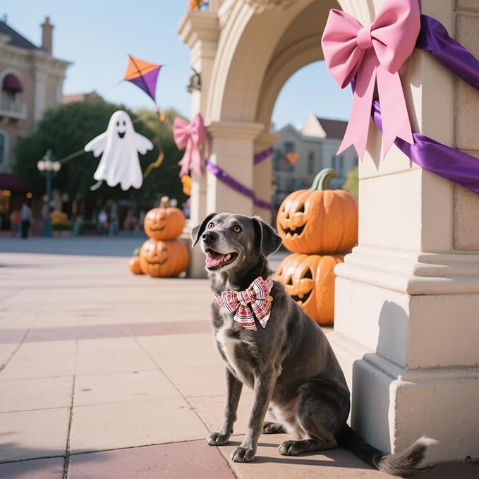 DOGWONG Cotton Fall Dog Collar, Pink Halloween Dog Collar with Bow Cute Pink Pumpkin Dog Collars Puppy Necklace for Female Small Medium Large Dogs