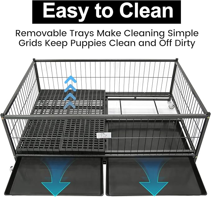 Homey Pet Six Packs 43" Dog Whelping Box for Puppies, Heavy Duty Metal Whelping Box for Small Breed Dogs with Washable Plastic Floor, Removable Tray and Four Lockable Wheels