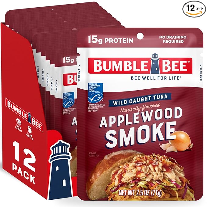 Bumble Bee Applewood Smoke Seasoned Tuna, 2.5 oz Pouches (Pack of 12) - Ready to Eat - Wild Caught Tuna Packet - 15g Protein per Serving - Gluten Free