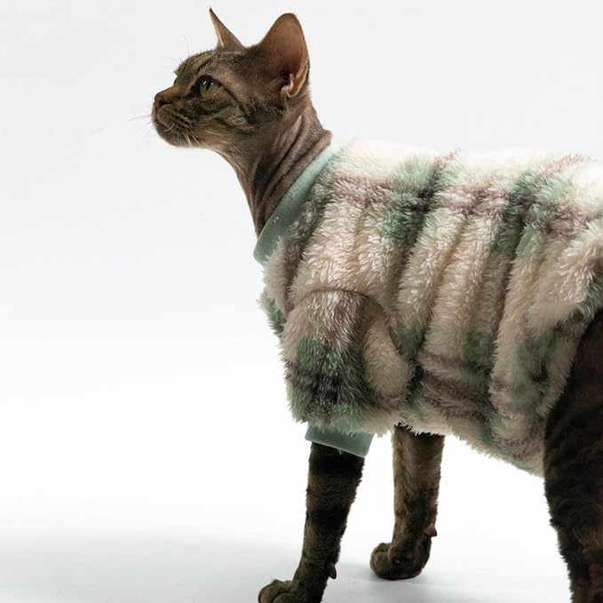 Cat Double-Sided Fleece Clothes, Soft Warm Winter Jumpsuit Sweater Shirt Clothing for Hairless Sphynx, Devon & All Indoor Kittens (Green,S)