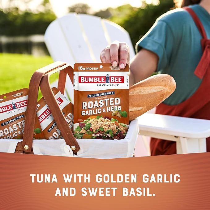 Bumble Bee Roasted Garlic & Herb Seasoned Tuna, 2.5 oz Pouch - Ready to Eat - Wild Caught Tuna Packet - 16g Protein per Serving - Gluten Free (Pack of 4)