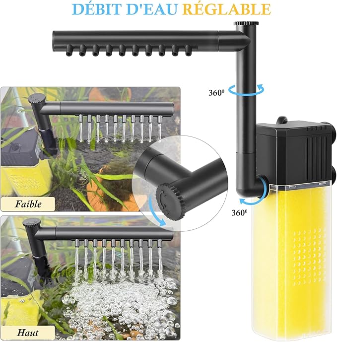 FEDOUR 10W 15W 20W Aquarium Submersible Filter, Quiet Fish Tank Internal Filter with Spray Bar, Powerful Aquarium Filter for 5-80 Gallon Tank (10W for 5-30Gallon)