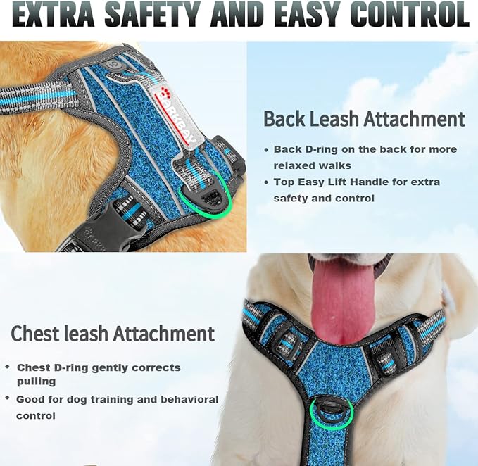 BARKBAY No Pull Dog Harness Large Reflective Dog Harness with Front Clip and Easy Control Handle for Walking Training Running with ID tag Pocket(Blue/Black,M)