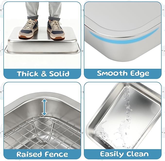 FHTONGE Stainless Steel Guinea Pig Litter Box for Cage, Stainless Steel Litter Pan for Rabbit Rat Hedgehog Hamster Ferret, Rectangular Chinchilla Metal Tray Small Animal Toilet Trainer with Grid