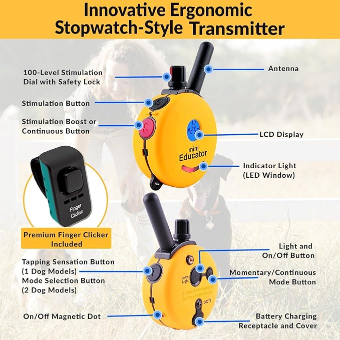 E-Collar – Educator ET-300-1/2 Mile Waterproof Remote Dog Training Collar Includes Premium Finger Clicker Trainer, 100 Programmable Levels + Vibration + Light + Sound, Teal