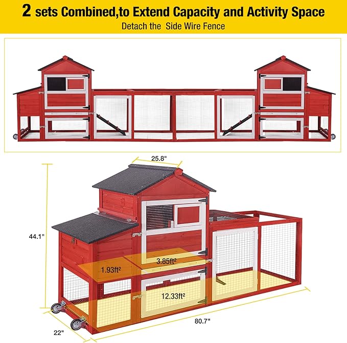 Aivituvin Chicken Coop Expandable Mobile Chicken House for Outdoor with Wheels, Nesting Box, Leakproof Pull-on Tray and UV-Resistant Roof Panel (Red)