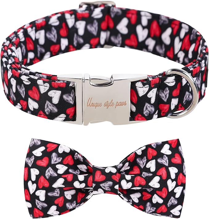 Unique style paws Valentine's Day Dog Collar with Bow Tie Black & Red Heart Puppy Collar Best Gothic Style Gift for Small Medium Large Boys Girls-XS