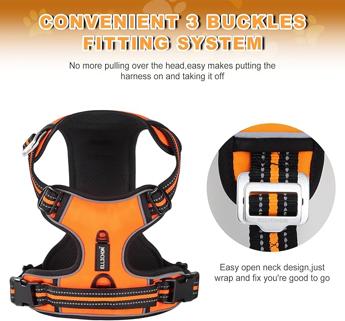 No Pull Dog Harness with 3 Snap Buckles,No Choke Front Lead pet Harness Reflective and Adjustable Soft Padded Vest for Small Medium Large Dog (Orange, Large)