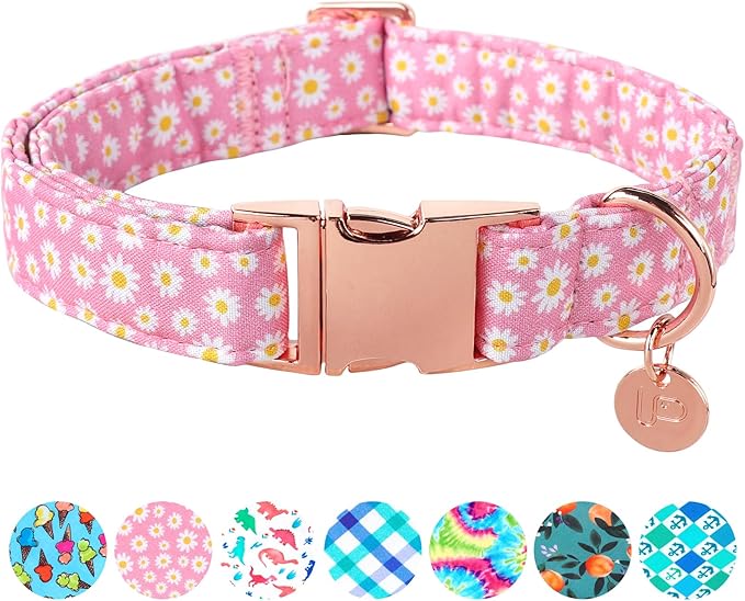 Daisy Summer Cotton Dog Collar with Metal Buckle Gift Pink Collar for Small Medium Large Girls or Boys Dogs Cute Durable Comfortable Pet Collars