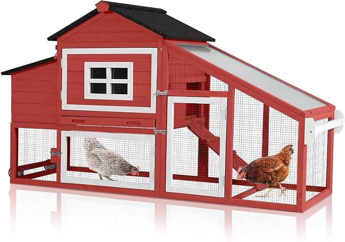 Chicken Coop with Wheels, Mobile Outdoor Chicken House with Leakproof Pull-on Tray, Nesting Box, Waterproof Roof - Red