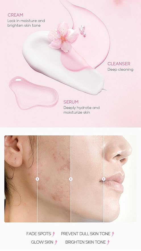 Travel Skincare Kit - Sakura Gentle Korean Skin Care Set for Teen Girls & Women | Hydrating Cleanser, Anti-Aging Serum, Moisturizer, Eye Cream - Radiant Skin Mini Holiday Box Gift (4PC)