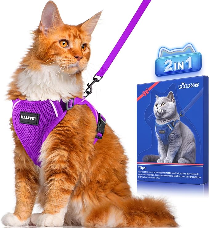Halypet Cat Harness and Leash Set [ MAX Safety Third Generation ] Escape Proof Soft Adjustable Cat Leash Breathable Comfortable Vest Easy to Wear Kitten Harness for Outdoor Walking