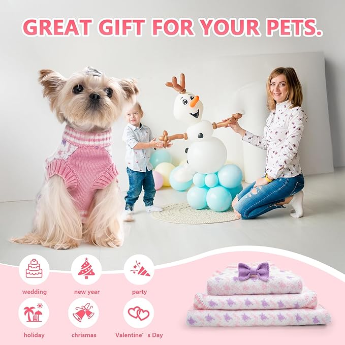 Samll Dog Sweaters Girl Pet V-Neck Christmas Halloween Dog Sweater Knit for Pomeranian Bichon Frise Pug Cold Weather Outfit Pet Formal Dress Cat Sweater (Pink，L)