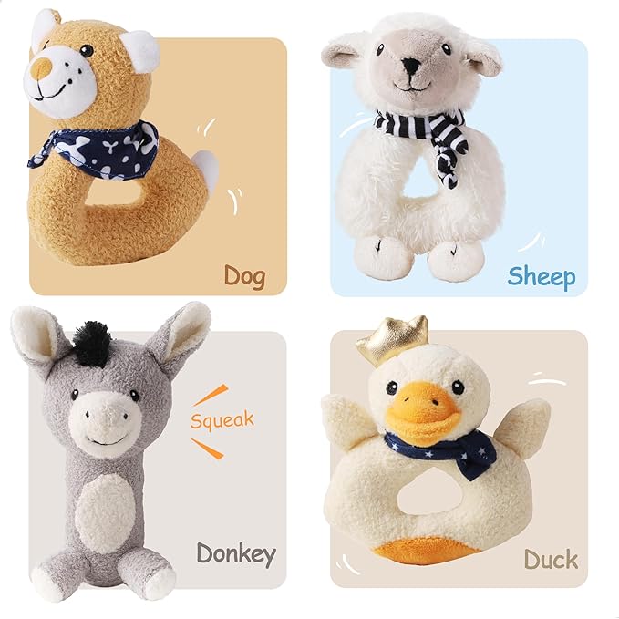 iPlay, iLearn Baby Toys 3 6 12 Month Newborn Gifts, Infant Soft Farm Stuffed Animal Rattles Plush Barn, Boy Girl Stuff, Basket Stocking Stuffer, Sensory Hand Development Toy 0 2 4 7 9M 1 Yr - Farm