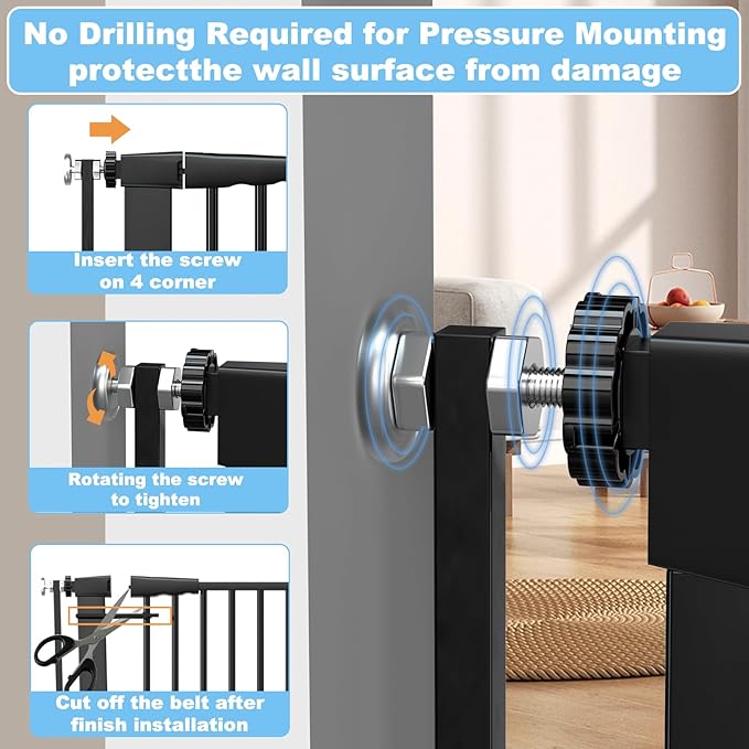 51.18" Extra Tall Cat Gate for Doorway,29.5"- 48.4" Wide Auto Close Tall Pet Gate No Drilling Pressure Mounted for Hallway Kitchen,Black