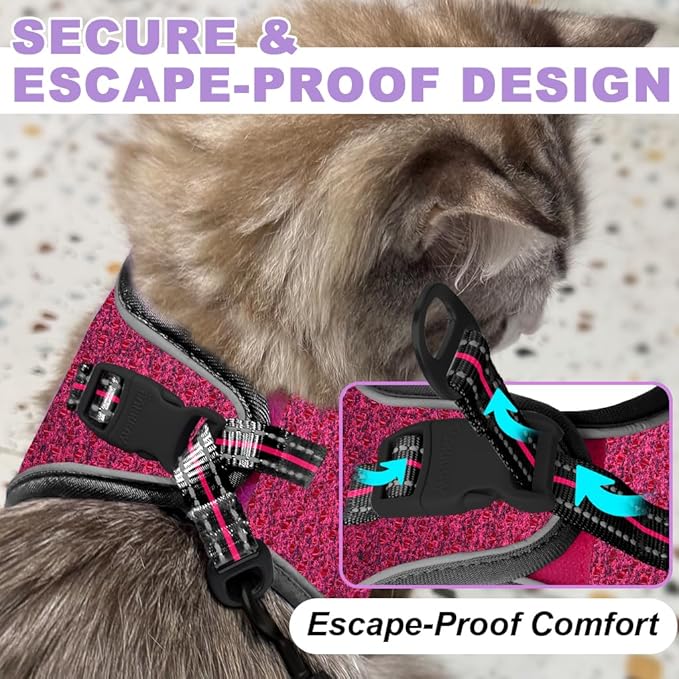 Cat Harness and Leash Set,Escape Proof Kitten Harness,Step in Adjustable Soft Lightweight,Easy Control,Reflective Strips Comfortable for Walking Travel(Pink/Black,M)